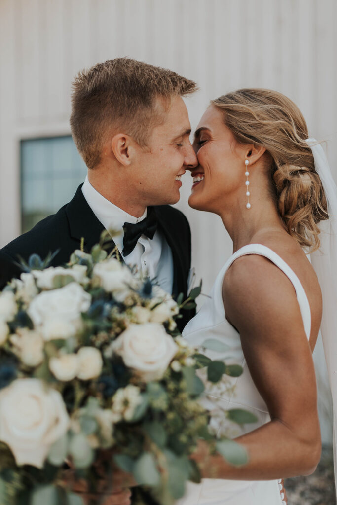 romantic bride and groom portraits at Riverview Barn, Sioux Falls