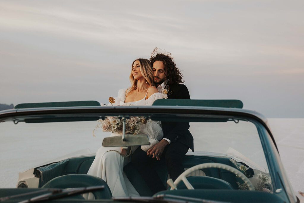 romantic bride and groom close up photo during their bonneville salt flats elopement day