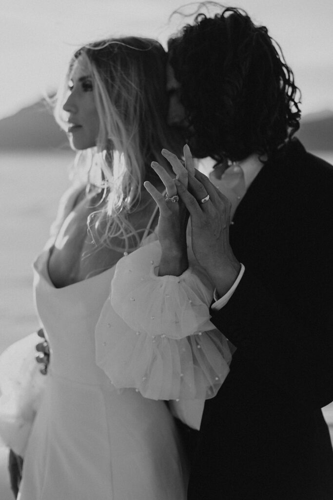 black and white bride and groom elopement portrait in bonneville salt flats