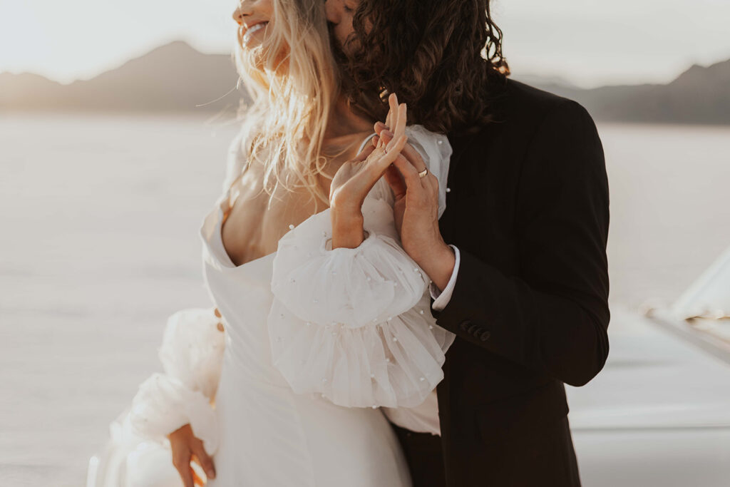 romantic bride and groom close up photo during their bonneville salt flats elopement day