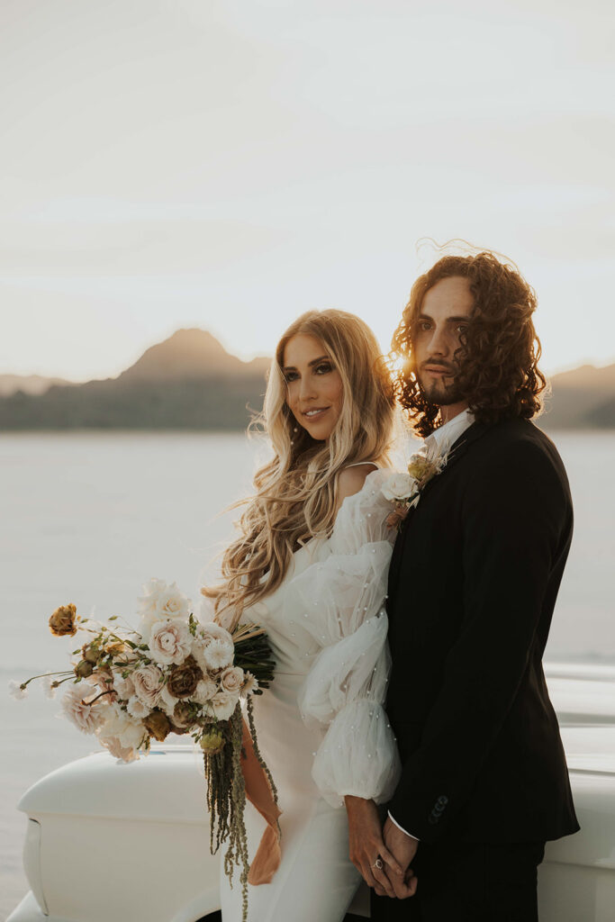 romantic bride and groom elopement portrait with the gorgeous bonneville salt flats in the backdrop