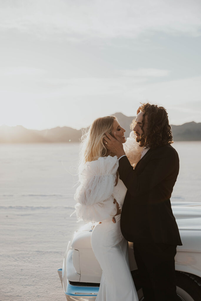 romantic bride and groom elopement portrait with the gorgeous bonneville salt flats in the backdrop