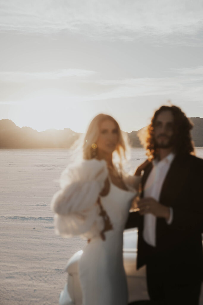 romantic bride and groom elopement portrait with the gorgeous bonneville salt flats in the backdrop