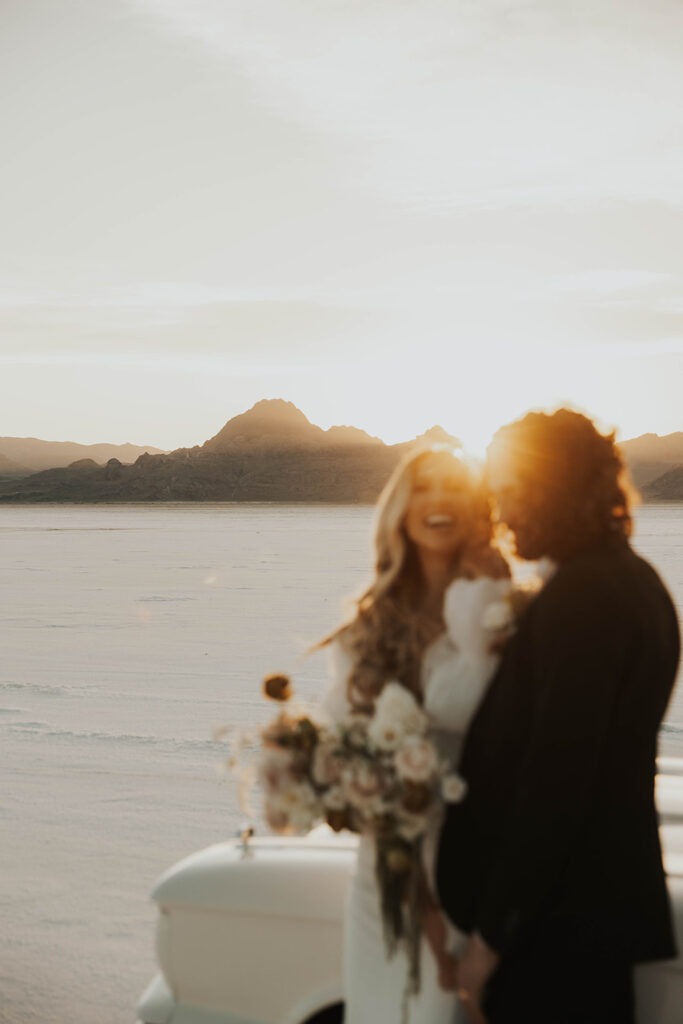 romantic bride and groom elopement portrait with the gorgeous bonneville salt flats in the backdrop