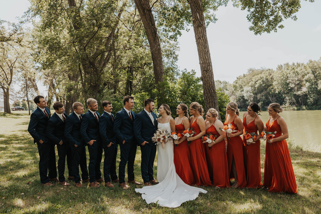 bride and groom and their wedding party