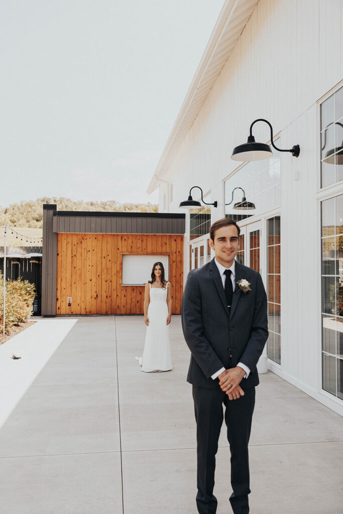 bride and groom first look