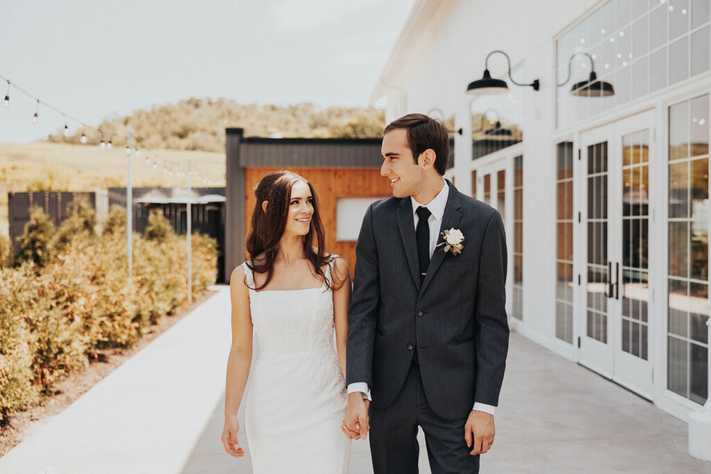 romantic bride and groom walking around