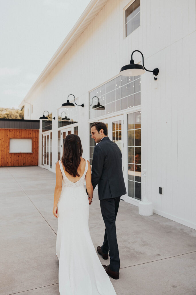 romantic bride and groom walking around