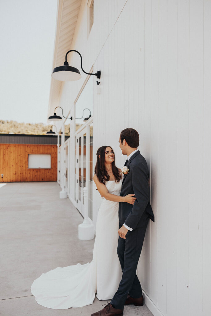 romantic bride and groom walking around