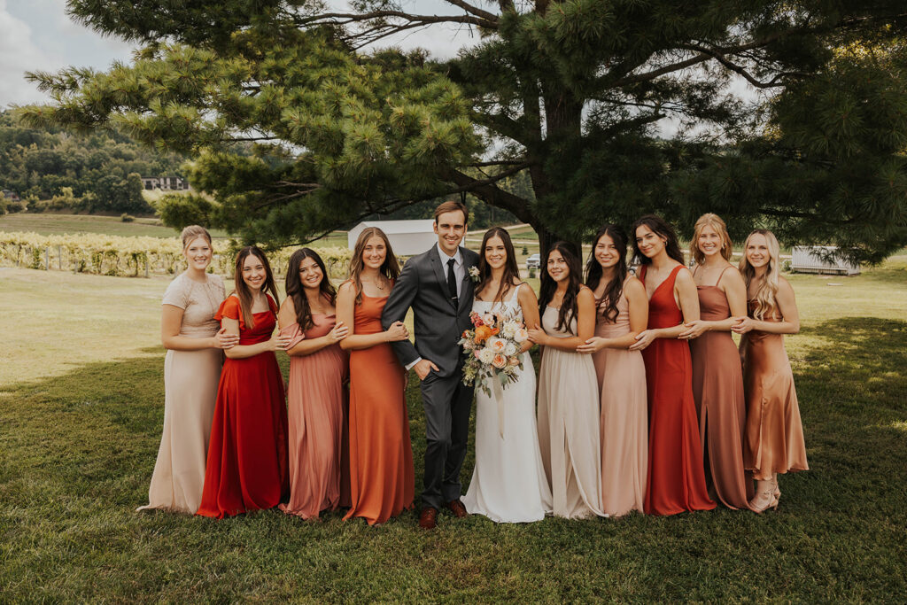 bride, groom and bridesmaids, bridesmaids wearing mismatched terracotta bridesmaid dresses