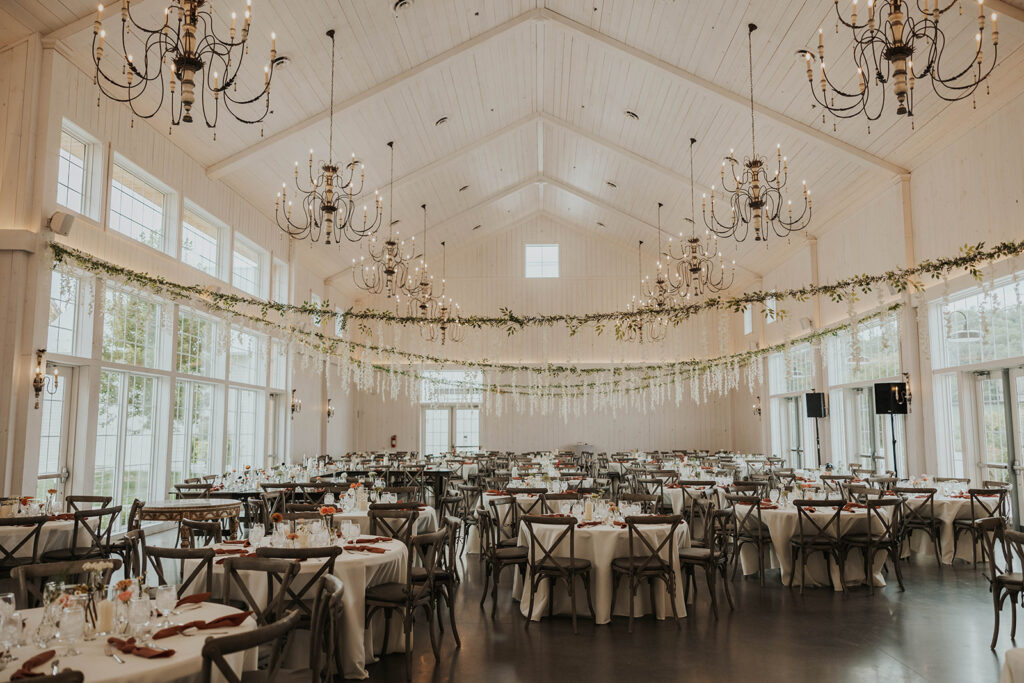 garden party theme indoor reception set up at Willow Brooke Farm