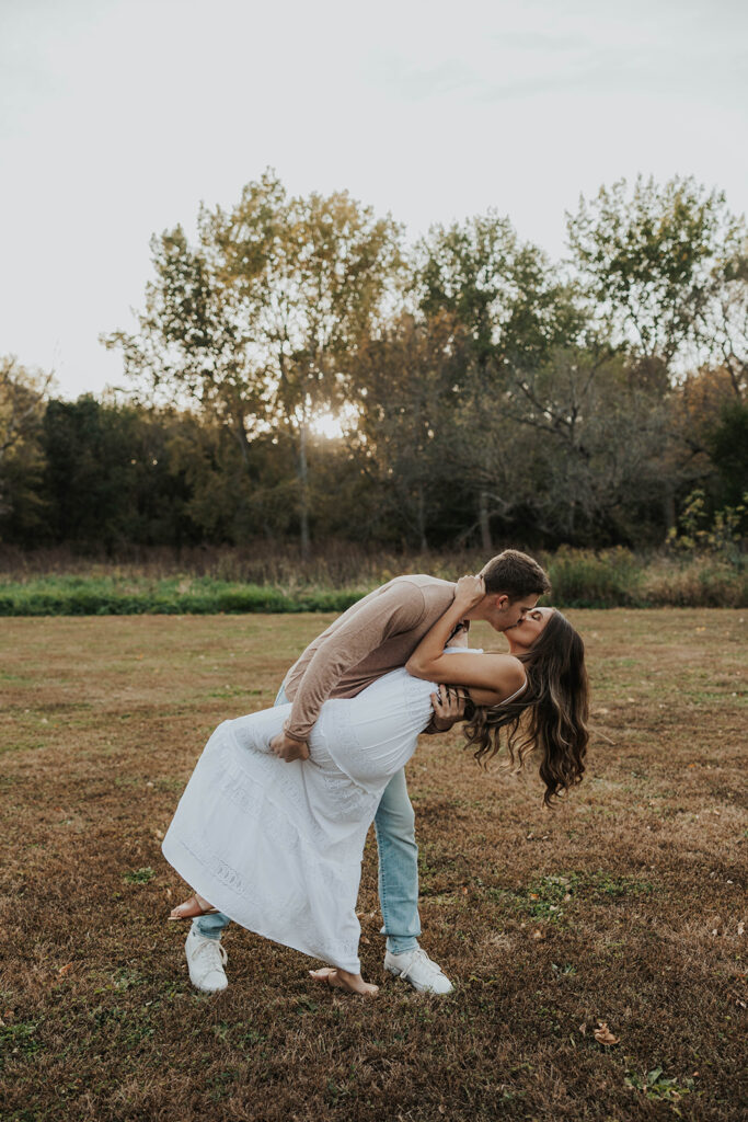 romantic outdoor engagement session, couple wearing neutral outfits