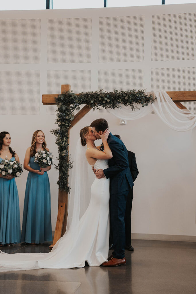 elegant winter wedding ceremony set up in Des Moines Heritage Center