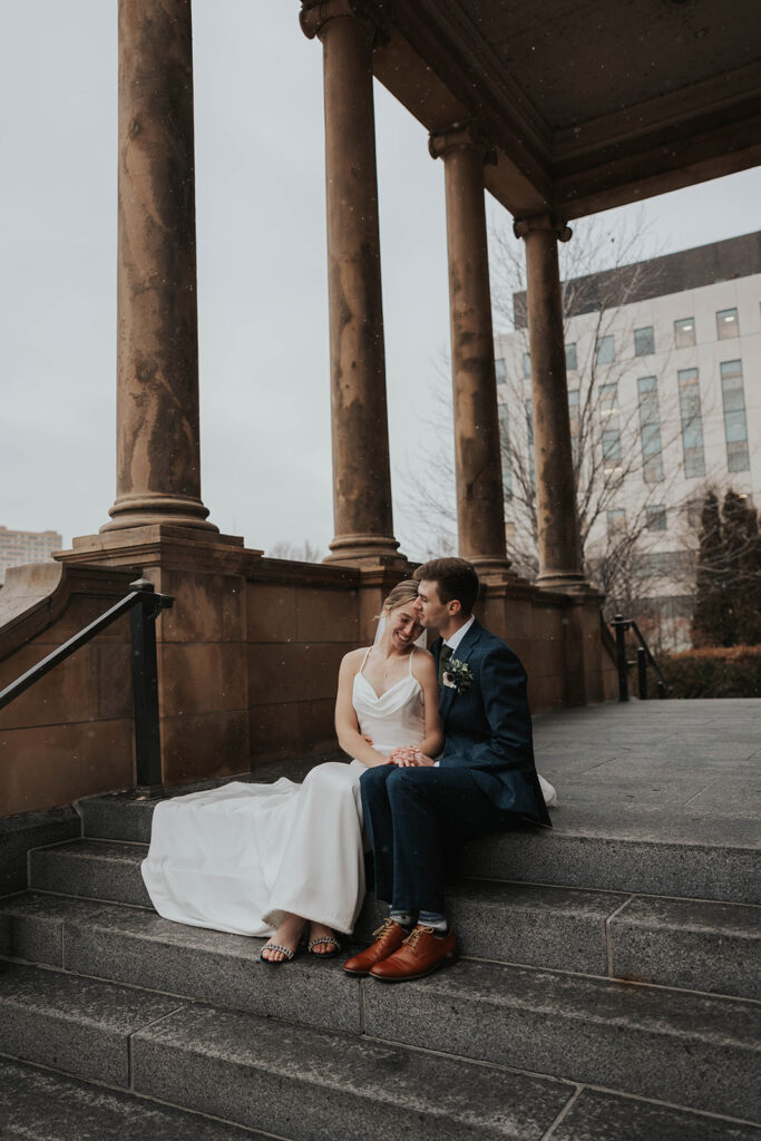 bride and groom outdoor wedding portrait in the city