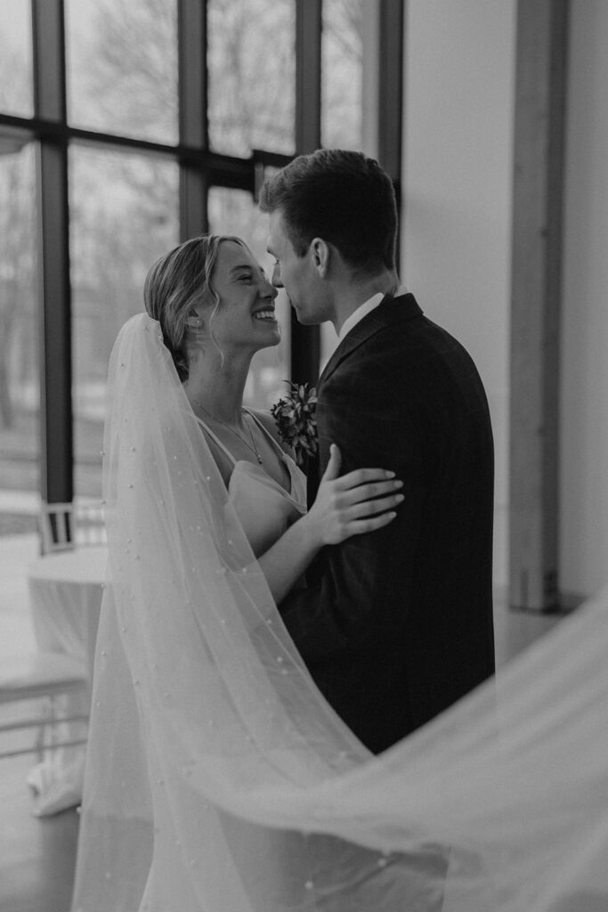 intimate bride and groom wedding portrait indoors in Des Moines Heritage Center