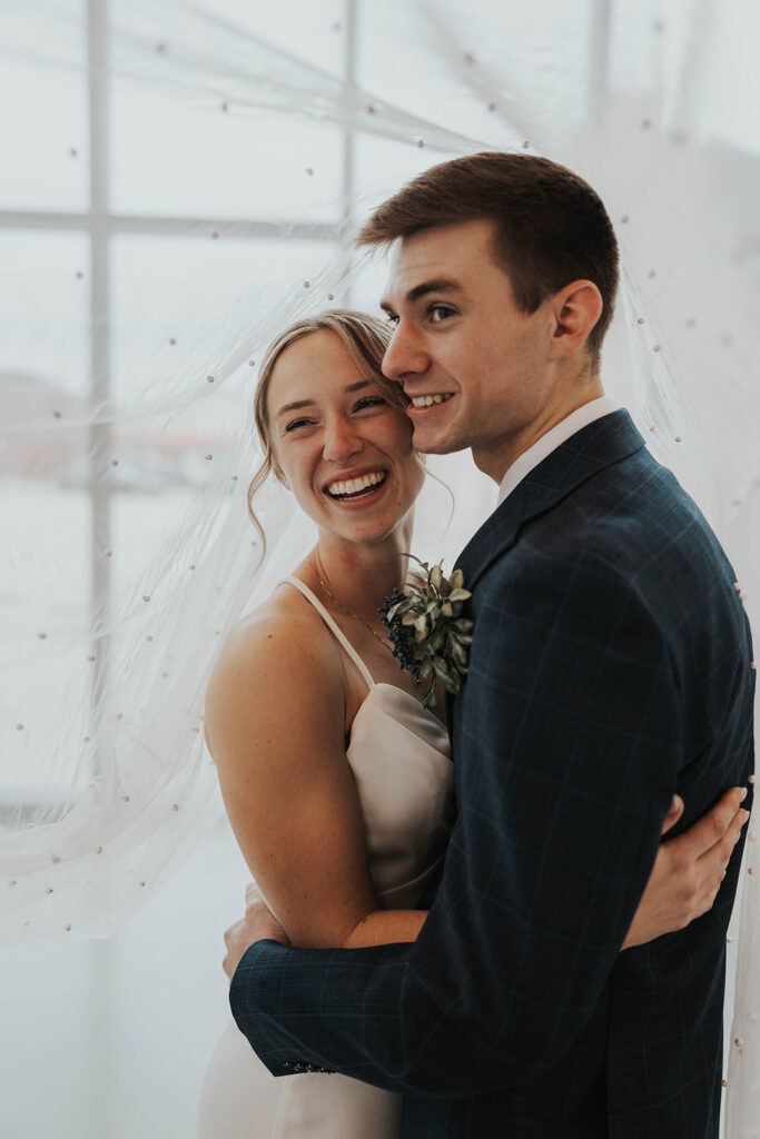 intimate bride and groom wedding portrait indoors in Des Moines Heritage Center