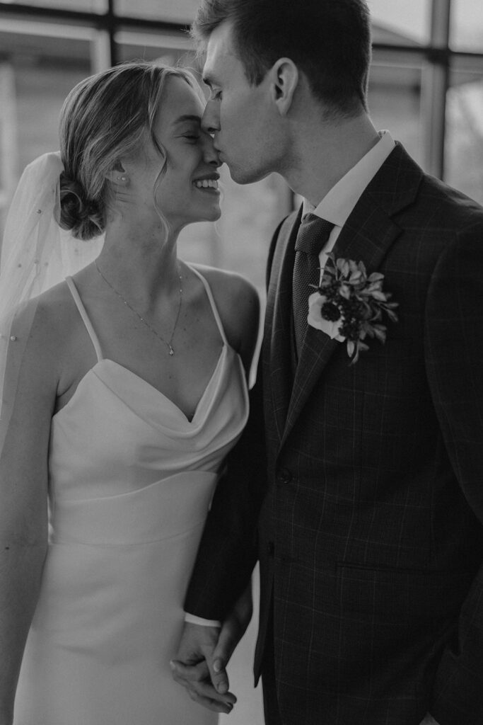 intimate bride and groom wedding portrait indoors in Des Moines Heritage Center