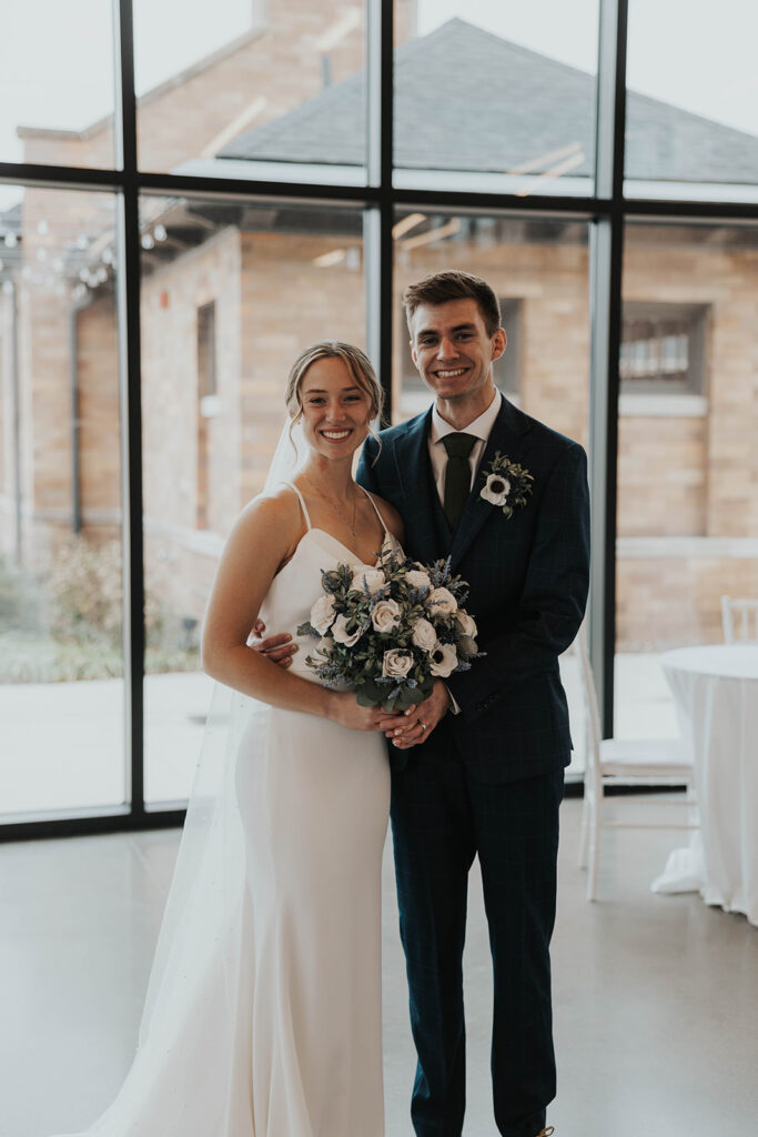 intimate bride and groom wedding portrait indoors in Des Moines Heritage Center