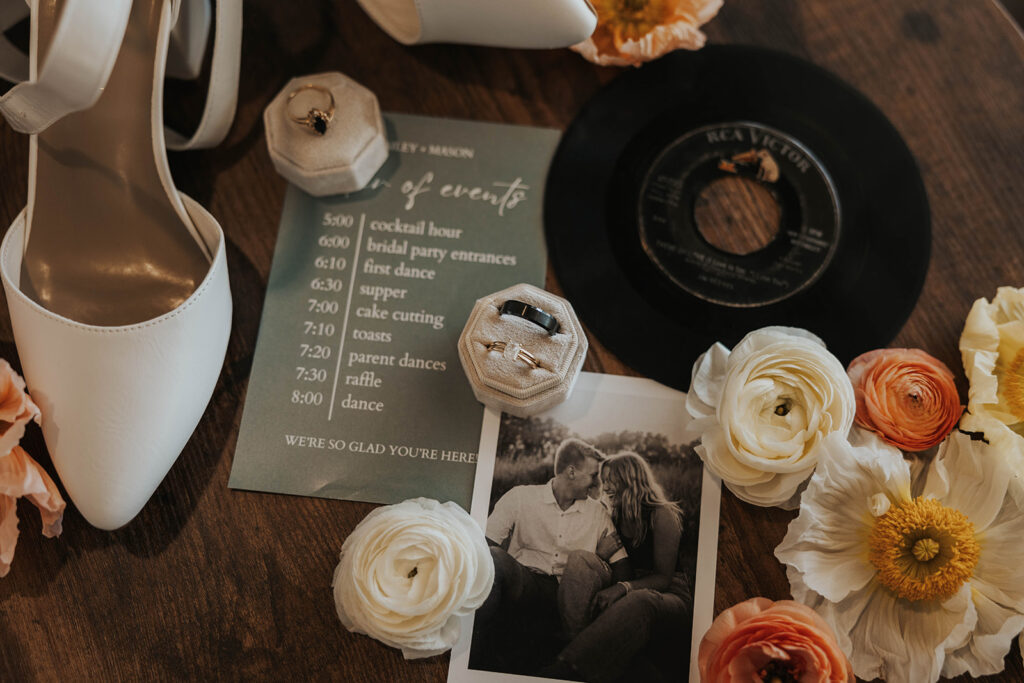 elegant spring wedding detail flatlay showcasing their wedding vendors work