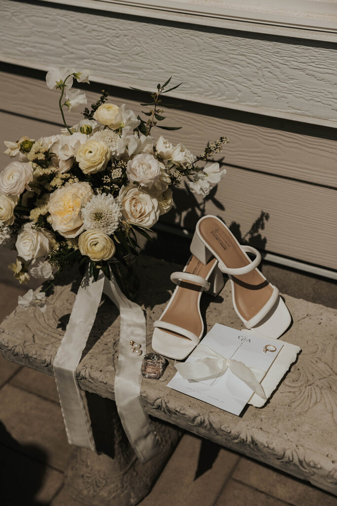 romantic and elegant, all white wedding detail flatlay