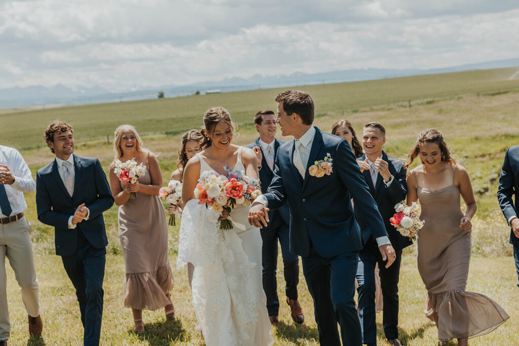 bride and groom and wedding party