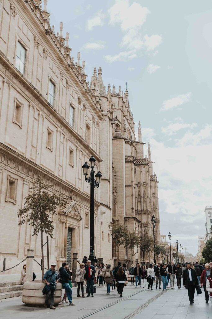 Spanish buildings with a crowd of people