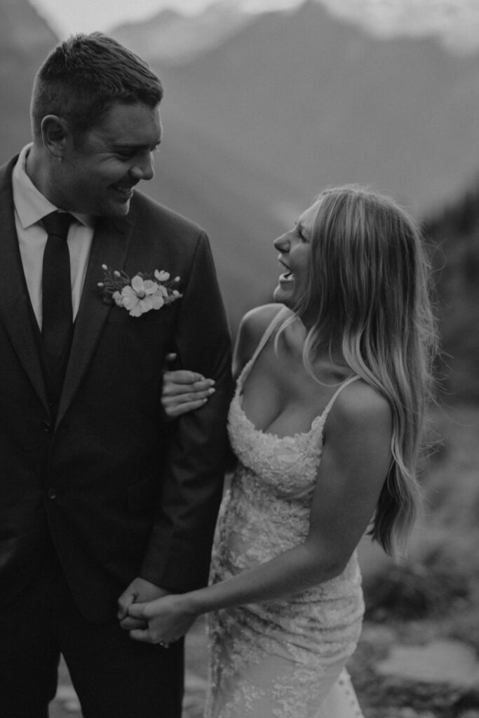 Elegant black and white photo of couple in Glacier National Park