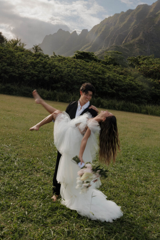 romantic bride and groom portraits on the beach