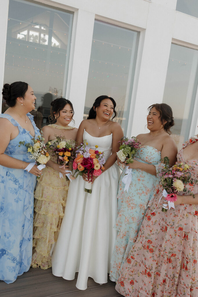 mismatch bridesmaid dresses floral patterns and unique bouquets