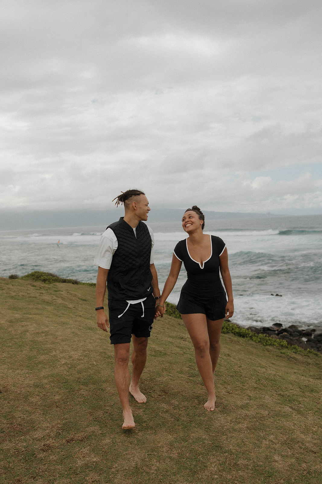 a couple smiling and enjoying that just engaged feeling in Maui 