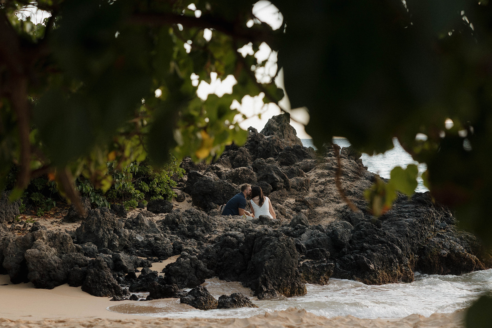 a Maui proposal photographer captures a couple about to get engaged from behind the trees