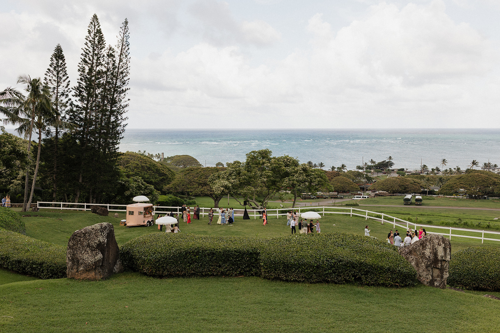 Aerial-style wide shot of cocktail hour with guests mingling on a manicured lawn, a vintage food truck, and a sweeping ocean view with tall Norfolk pines framing the scene