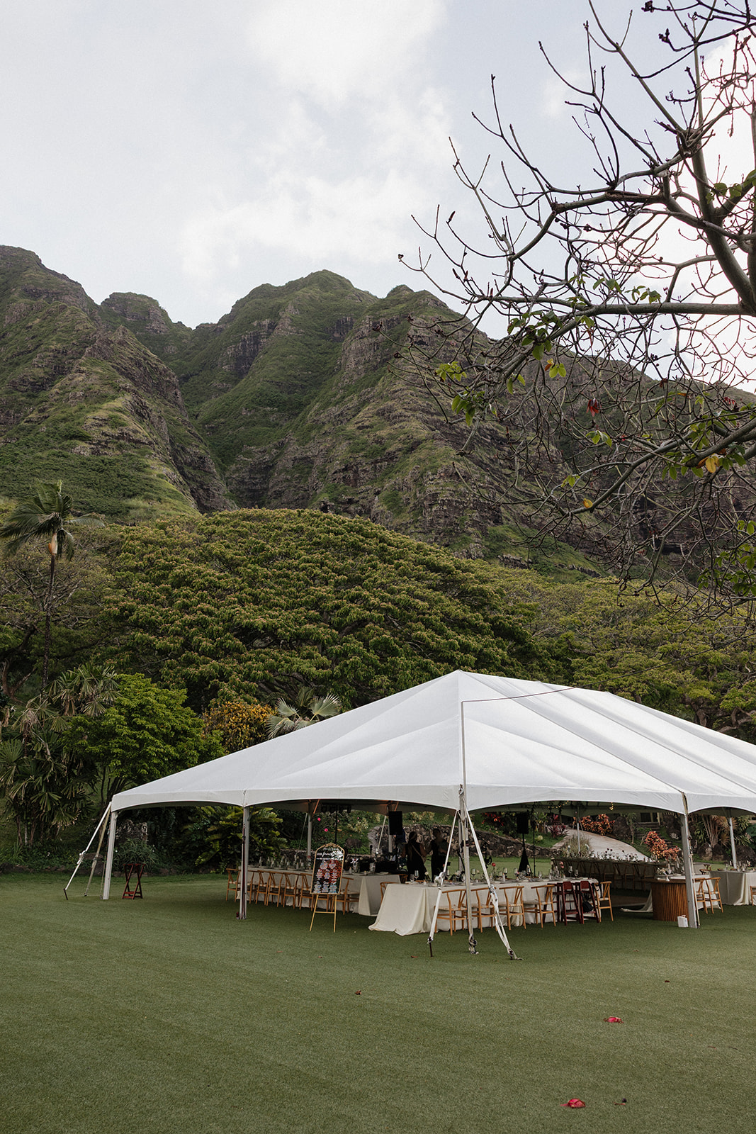 White frame reception tent set up on a manicured green lawn with long banquet tables and cross-back chairs, backed by the towering jagged cliffs of the Ko'olau mountain range on Oahu