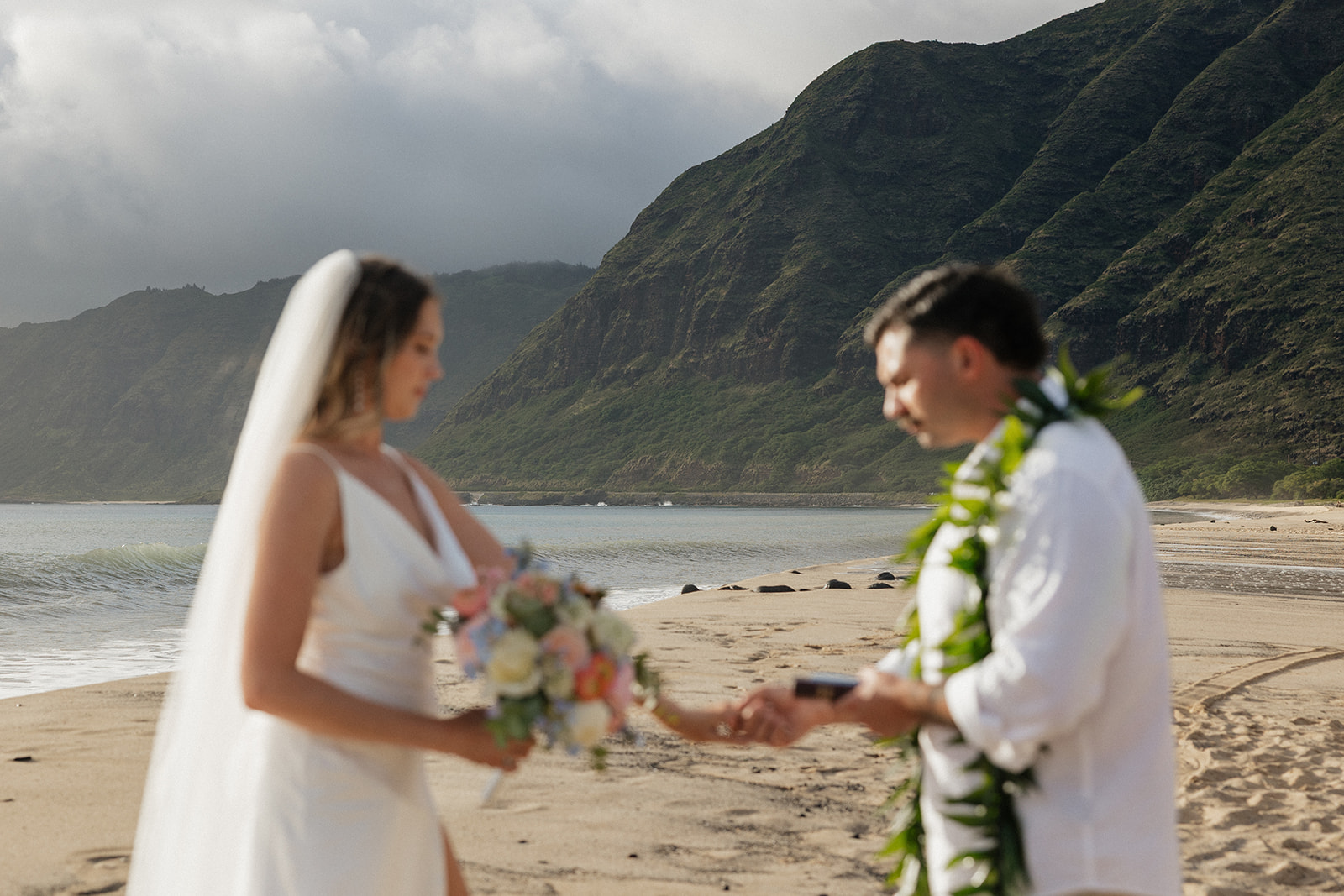 Bride and groom holding hands on the sand, soft focus highlighting the coastal mountain range behind them.